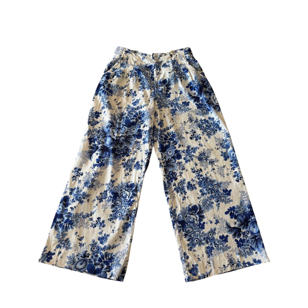 Maeve Anthropologie Linen Blend Wide Leg Pants Blue White Floral Toile Sz US 12 - Picture 2 of 8